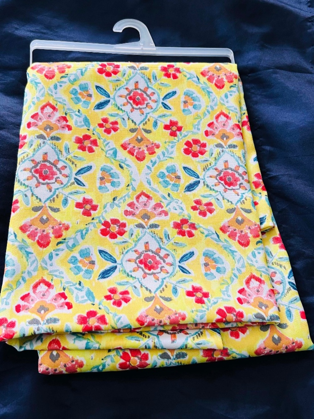 TABLECLOTH, 83 x 60 inches, YELLOW WITH RED & ORANGE FLOWERS AND BLUE & GREEN